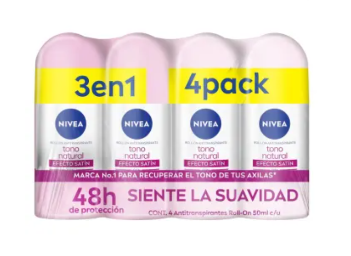 4 Pack Nivea Rinse Roll on Antiperspirant Effect Satin 50 ml each